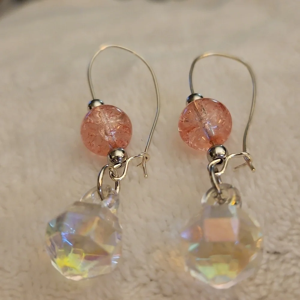 3/$30 HANDCRAFTED Silver and Pink Crackle Glass Beaded Disco Ball Hoop Earrings